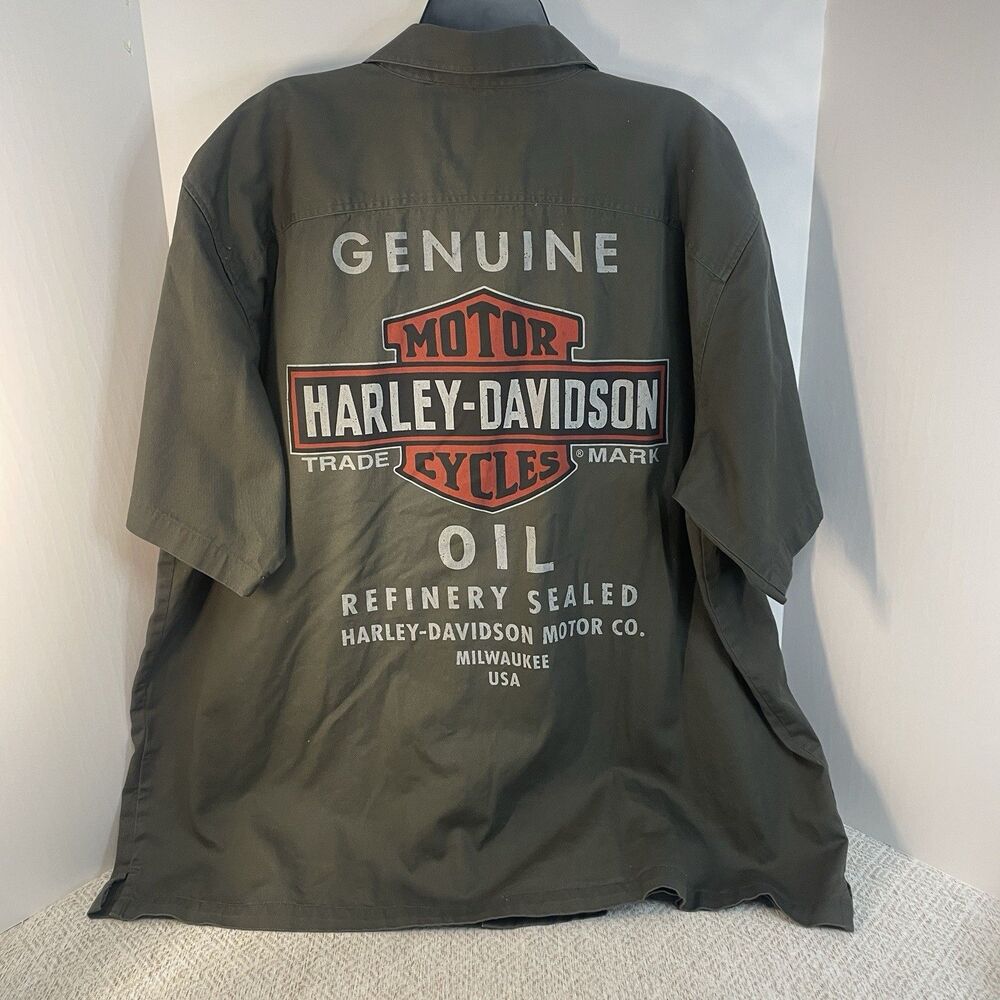Harley Davidson Shirt Mens 3XL Drab Green Oil Refinery Mechanic Collar Biker - Picture 4 of 7